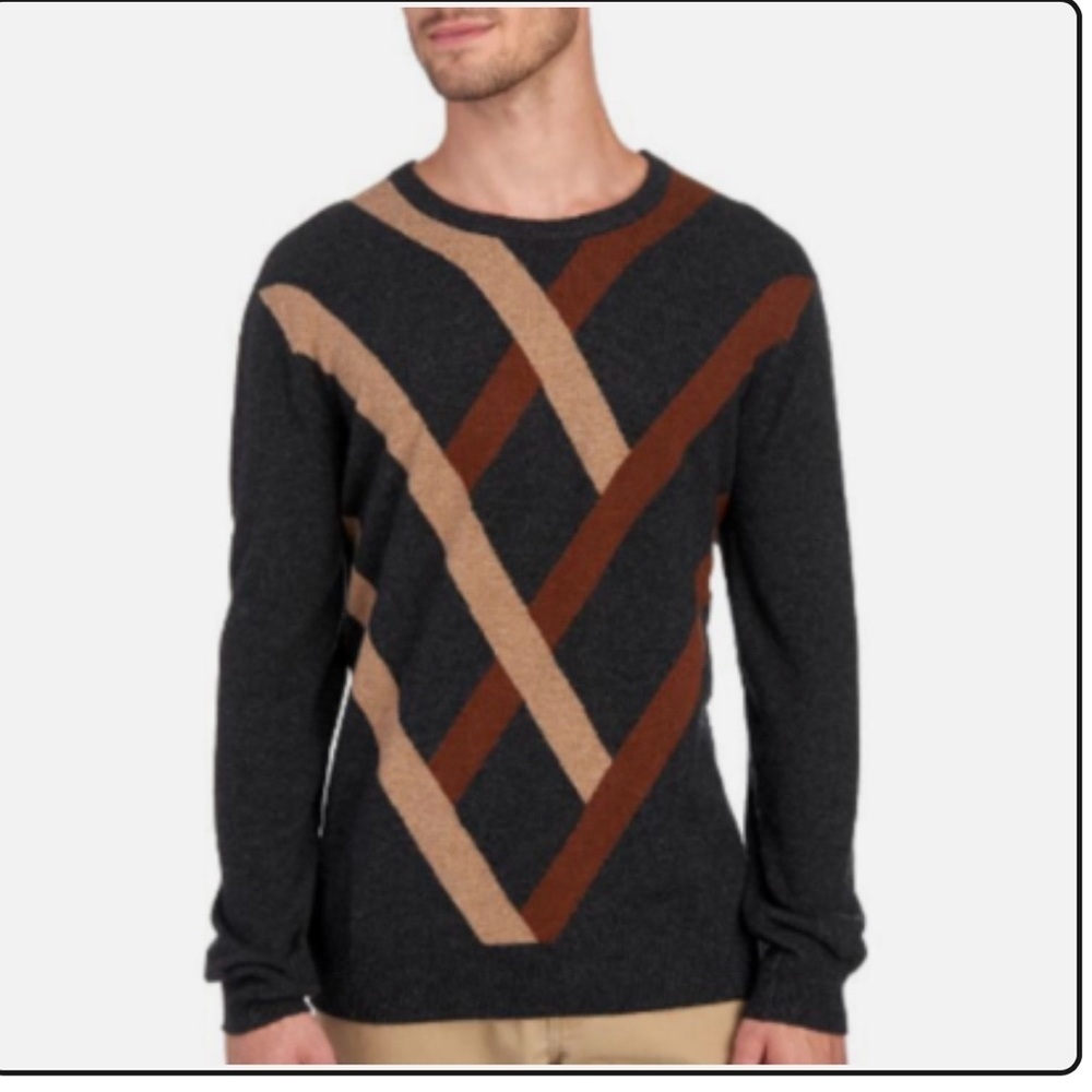 Alan Flusser Gray and Tan Crewneck Sweater 100% cashmere.#053